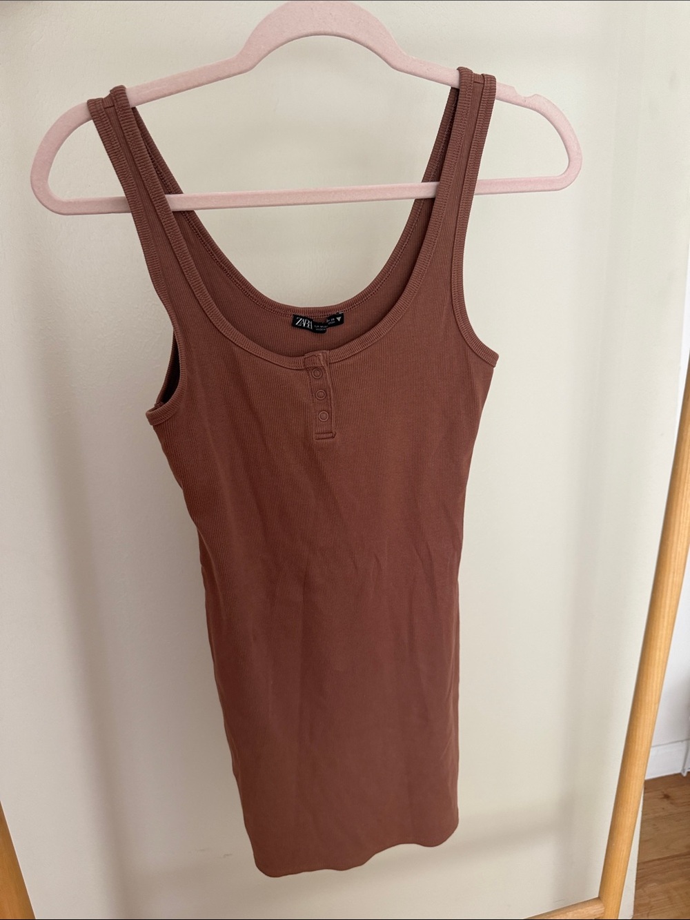 Zara Rust-Brown Ribbed Tank Dress with Front Buttons